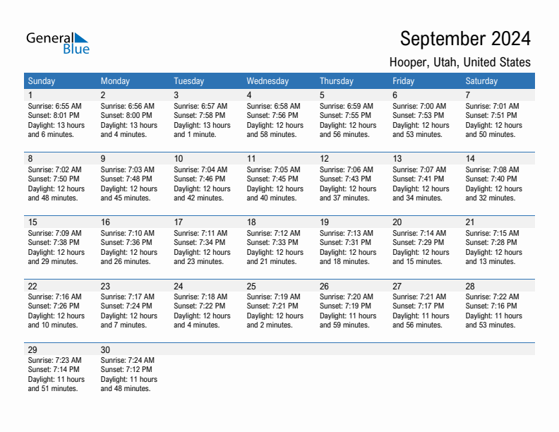 September 2024 Sunrise and Sunset Calendar for Hooper (PDF, Excel, Word)