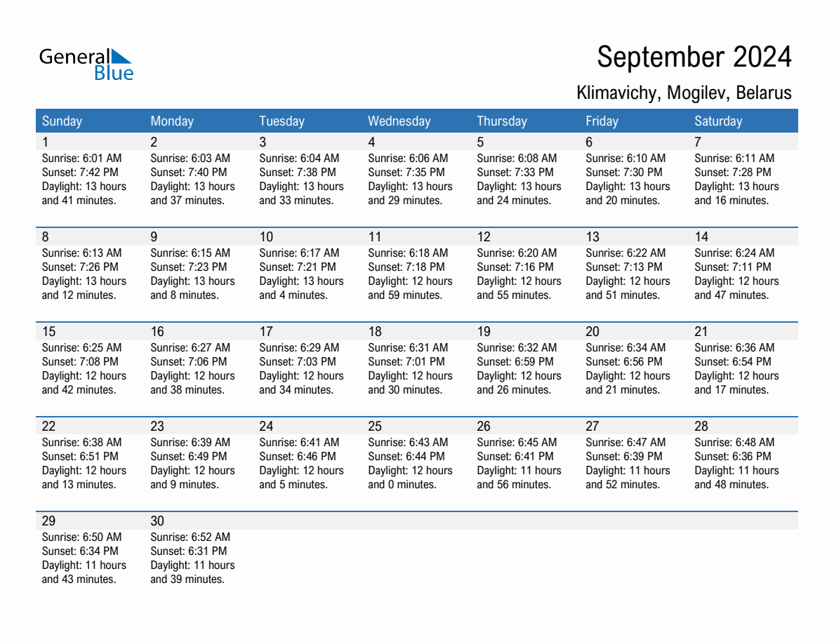 September 2024 sunrise and sunset calendar for Klimavichy