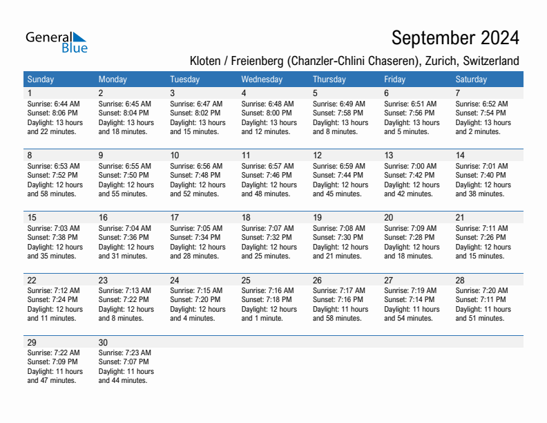 Kloten / Freienberg (Chanzler-Chlini Chaseren) September 2024 sunrise and sunset calendar in PDF, Excel, and Word