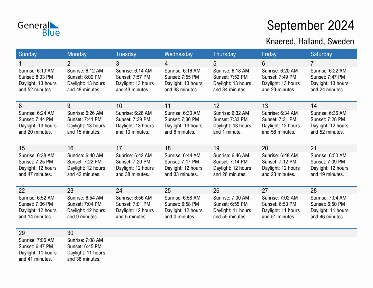 September 2024 sunrise and sunset calendar for Knaered