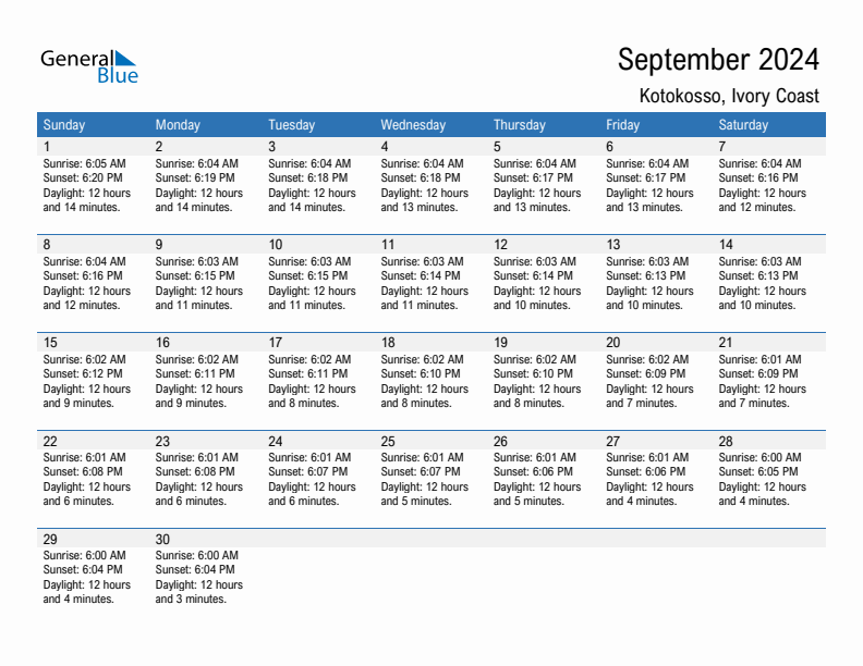 Kotokosso September 2024 sunrise and sunset calendar in PDF, Excel, and Word