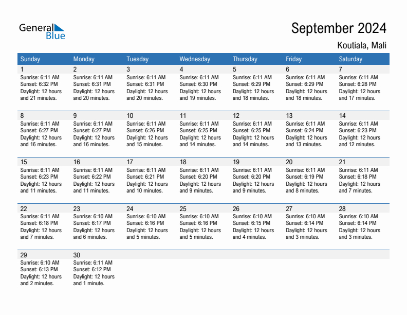 Koutiala September 2024 sunrise and sunset calendar in PDF, Excel, and Word