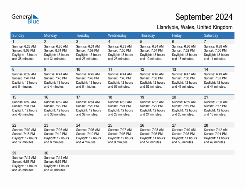 Llandybie September 2024 sunrise and sunset calendar in PDF, Excel, and Word