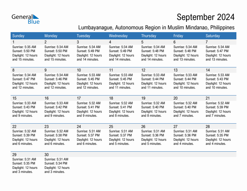 Lumbayanague September 2024 sunrise and sunset calendar in PDF, Excel, and Word