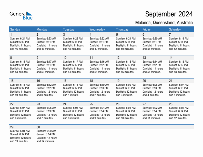 Malanda September 2024 sunrise and sunset calendar in PDF, Excel, and Word