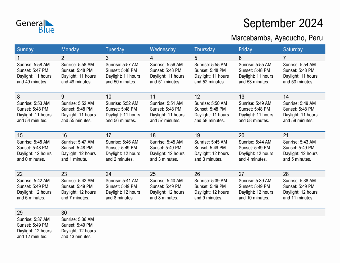 September 2024 sunrise and sunset calendar for Marcabamba