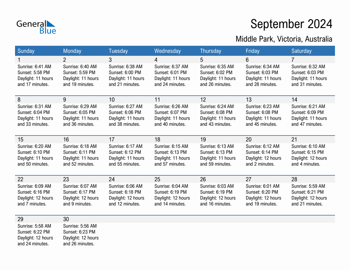 September 2024 sunrise and sunset calendar for Middle Park