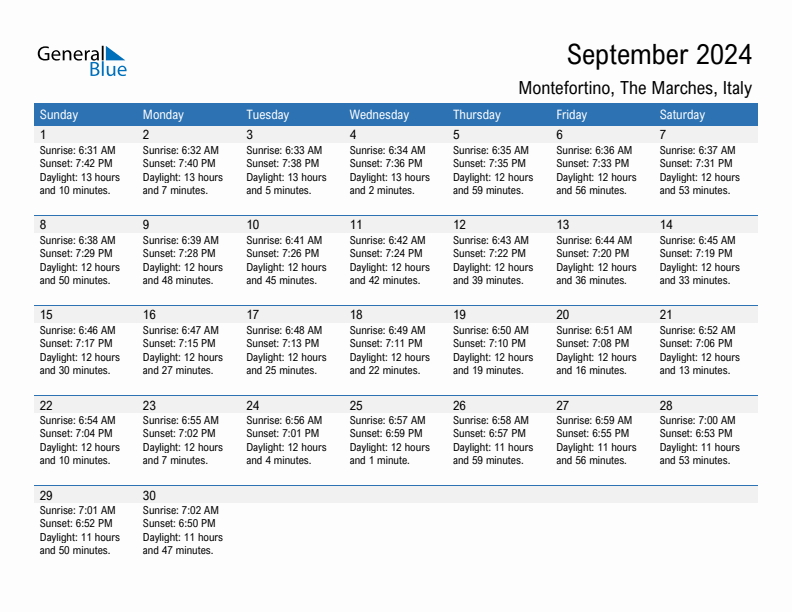 Montefortino September 2024 sunrise and sunset calendar in PDF, Excel, and Word