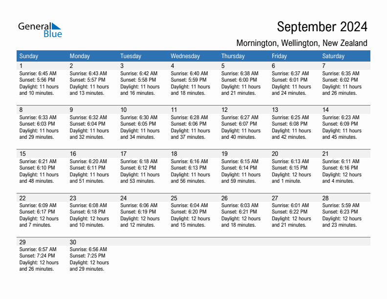 Mornington September 2024 sunrise and sunset calendar in PDF, Excel, and Word