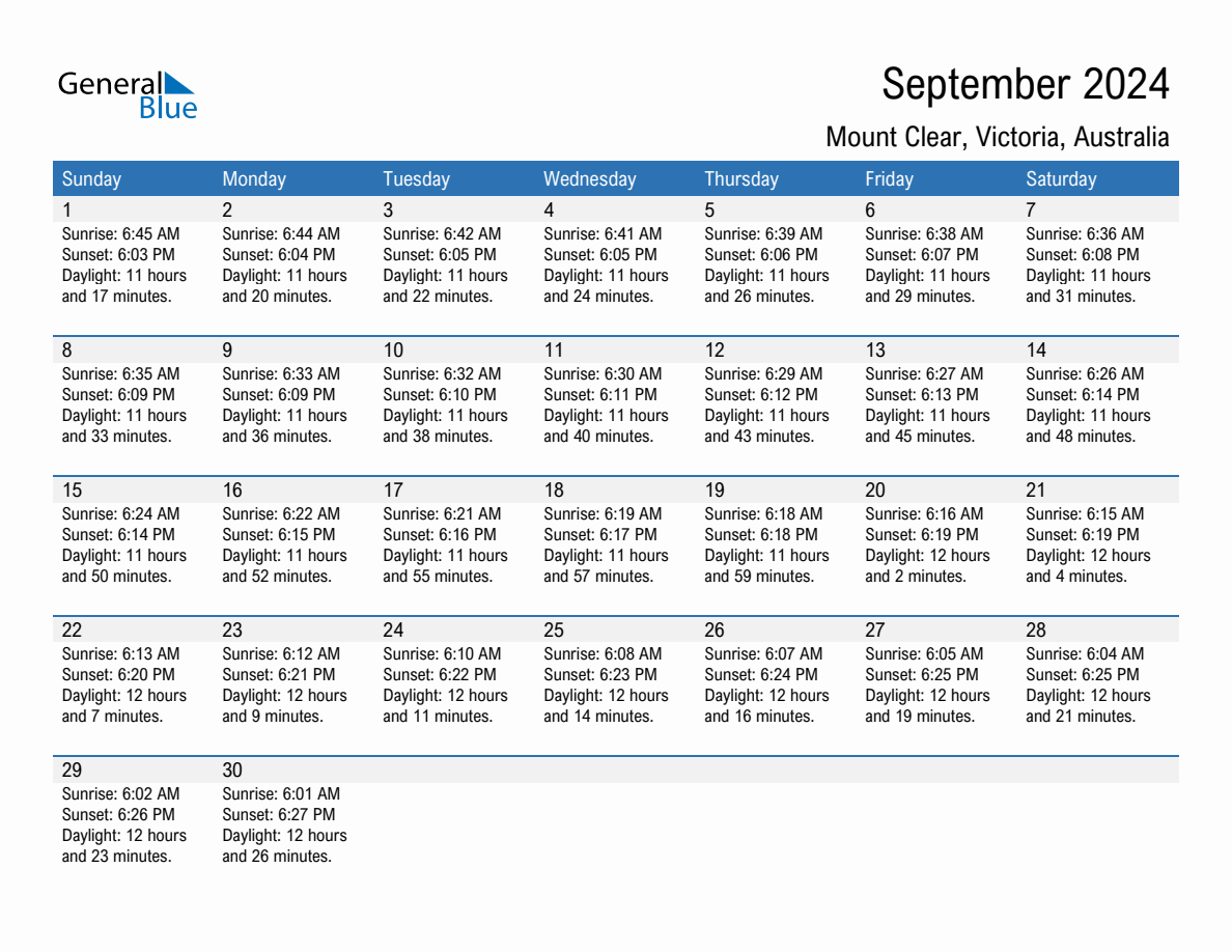 September 2024 sunrise and sunset calendar for Mount Clear