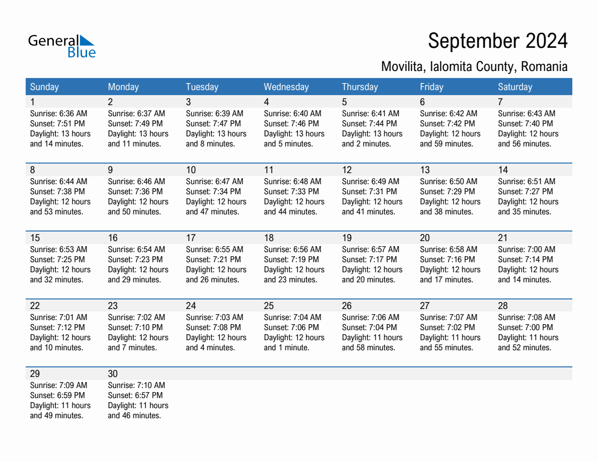 September 2024 sunrise and sunset calendar for Movilita