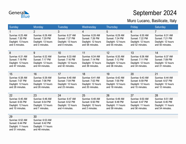 Muro Lucano September 2024 sunrise and sunset calendar in PDF, Excel, and Word