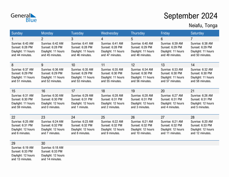 Neiafu September 2024 sunrise and sunset calendar in PDF, Excel, and Word