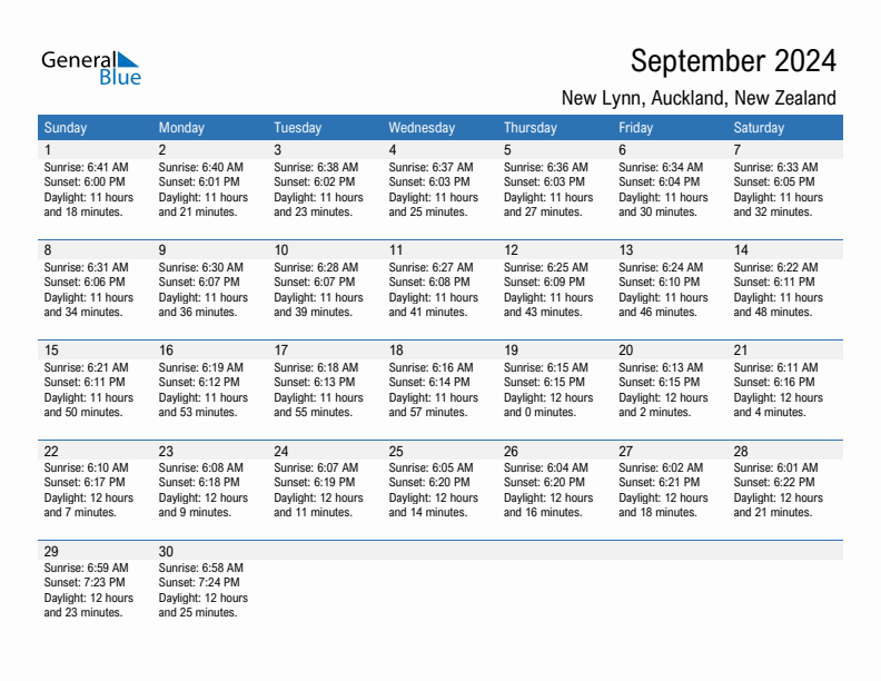 New Lynn September 2024 sunrise and sunset calendar in PDF, Excel, and Word