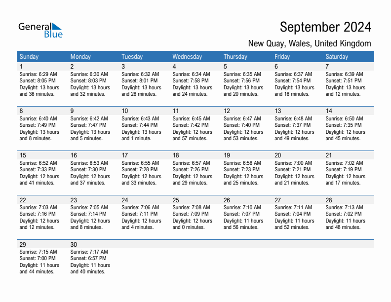 New Quay September 2024 sunrise and sunset calendar in PDF, Excel, and Word