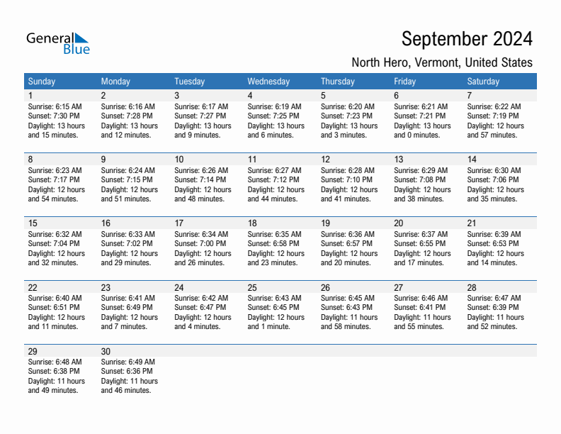 North Hero September 2024 sunrise and sunset calendar in PDF, Excel, and Word