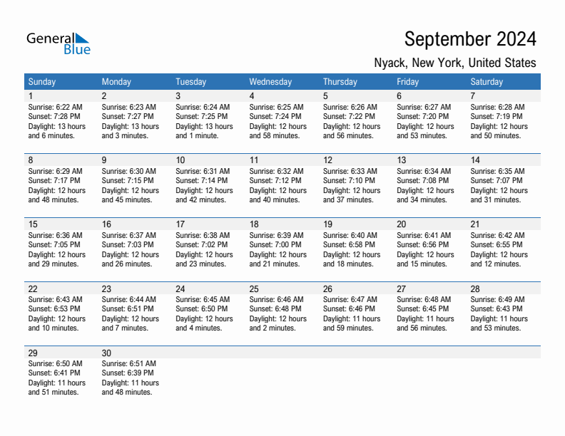 Nyack September 2024 sunrise and sunset calendar in PDF, Excel, and Word