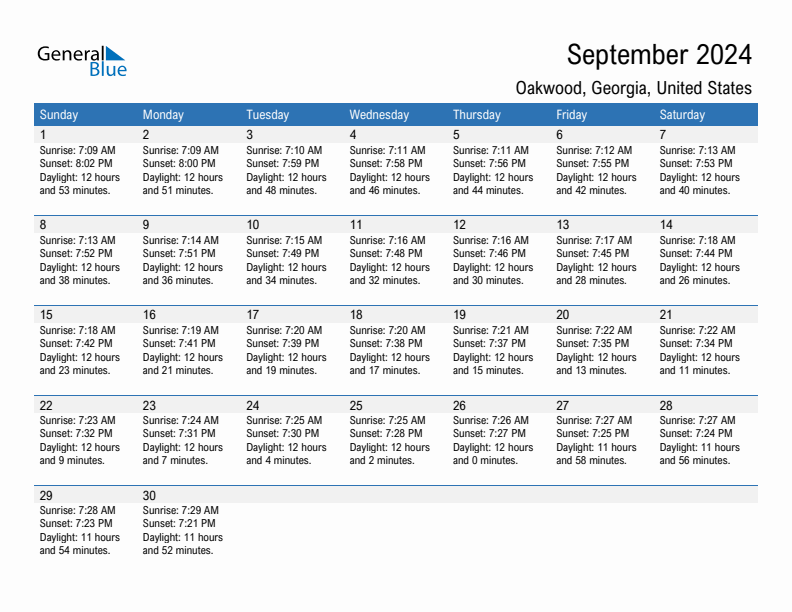 Oakwood September 2024 sunrise and sunset calendar in PDF, Excel, and Word