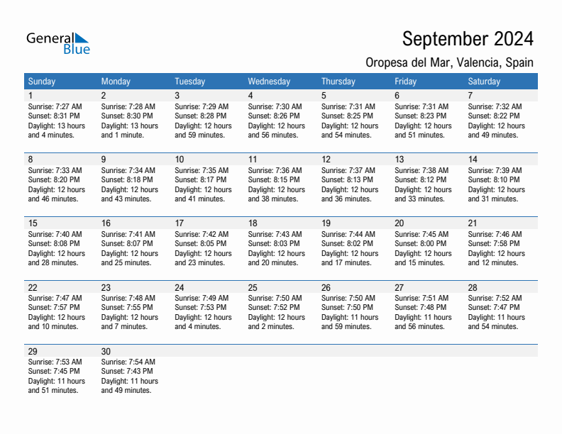 Oropesa del Mar September 2024 sunrise and sunset calendar in PDF, Excel, and Word