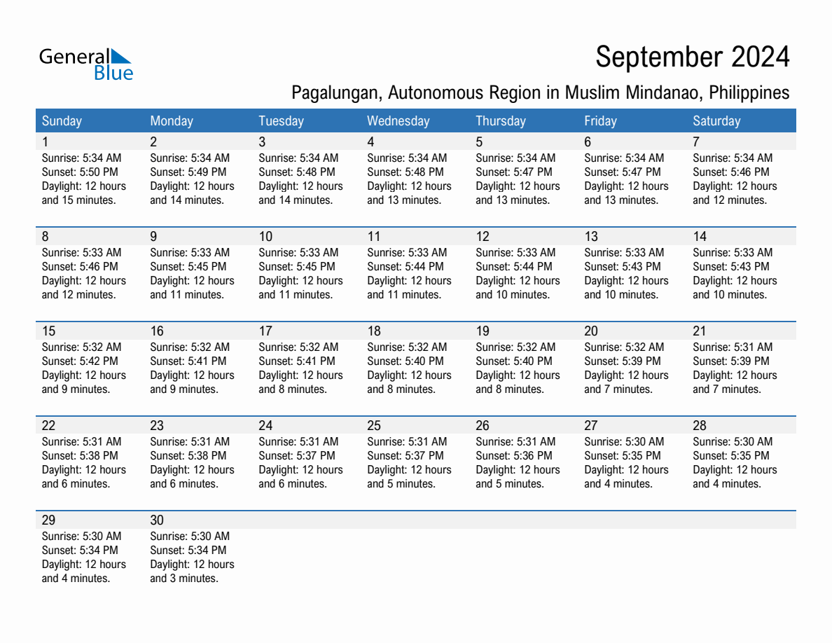 September 2024 sunrise and sunset calendar for Pagalungan