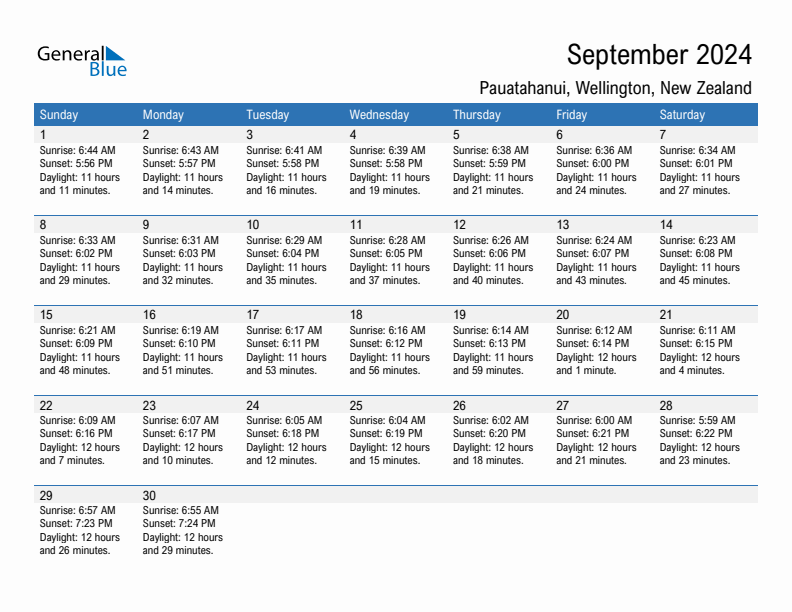 Pauatahanui September 2024 sunrise and sunset calendar in PDF, Excel, and Word