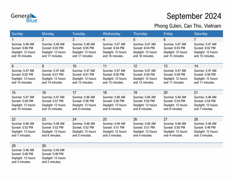 Phong GJien September 2024 sunrise and sunset calendar in PDF, Excel, and Word