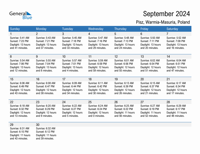 Pisz September 2024 sunrise and sunset calendar in PDF, Excel, and Word