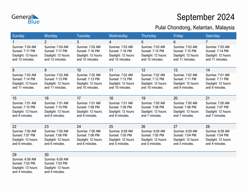 Pulai Chondong September 2024 sunrise and sunset calendar in PDF, Excel, and Word