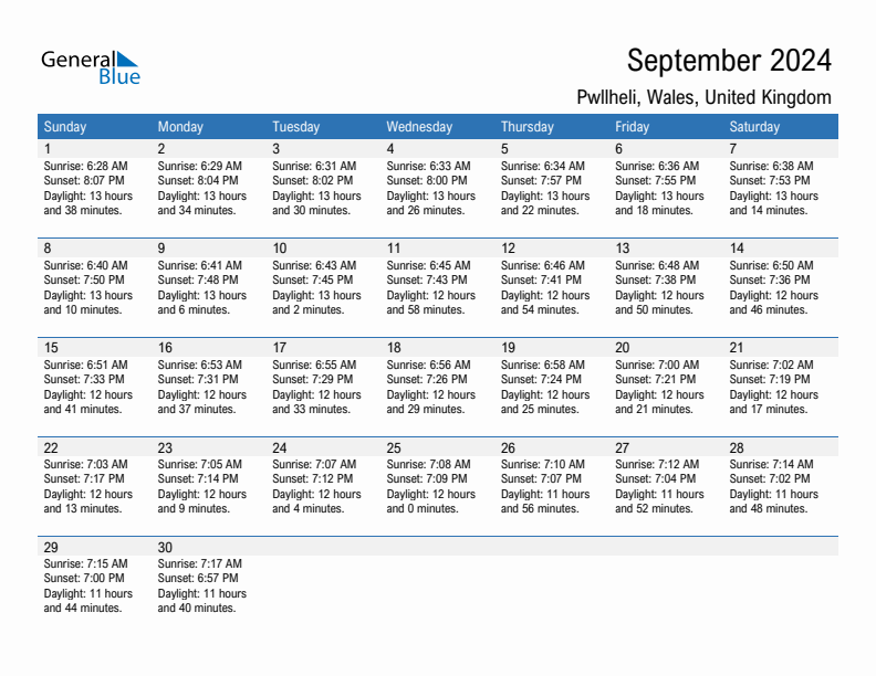 Pwllheli September 2024 sunrise and sunset calendar in PDF, Excel, and Word