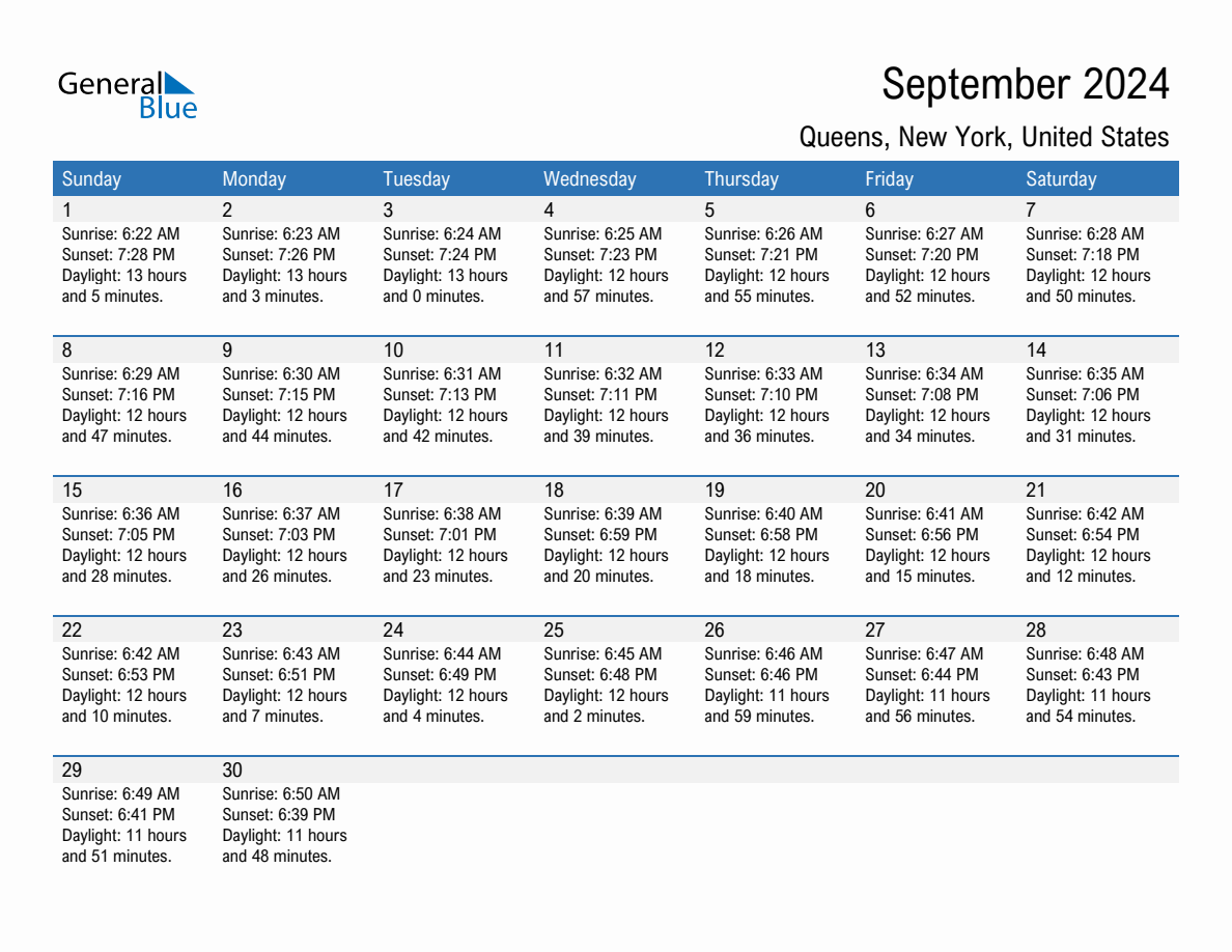 September 2024 sunrise and sunset calendar for Queens