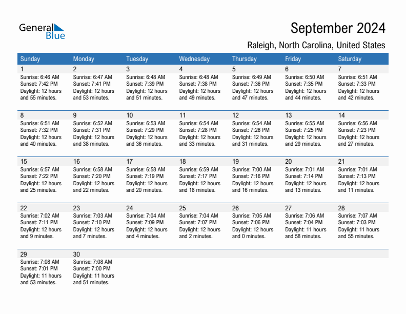 Raleigh September 2024 sunrise and sunset calendar in PDF, Excel, and Word