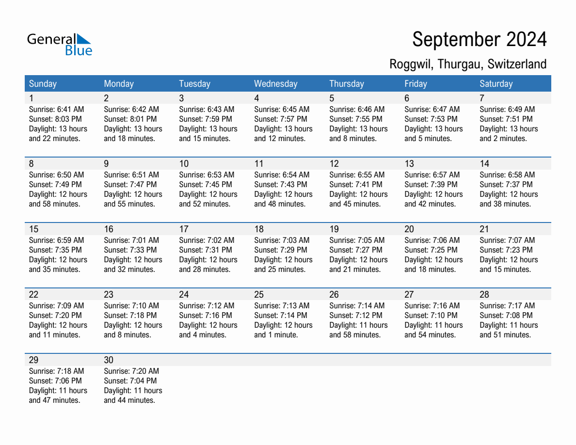 September 2024 sunrise and sunset calendar for Roggwil