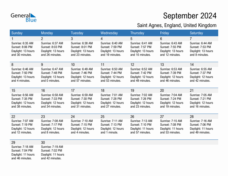 Saint Agnes September 2024 sunrise and sunset calendar in PDF, Excel, and Word