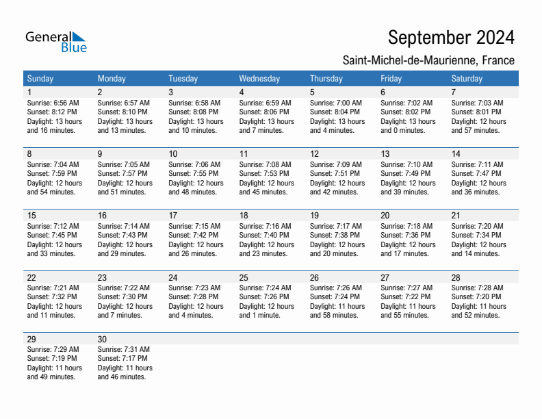 Saint-Michel-de-Maurienne September 2024 sunrise and sunset calendar in PDF, Excel, and Word