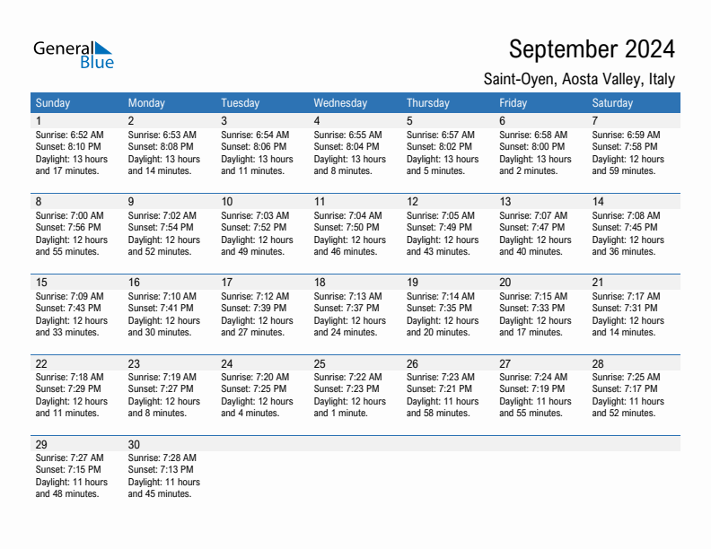 Saint-Oyen September 2024 sunrise and sunset calendar in PDF, Excel, and Word