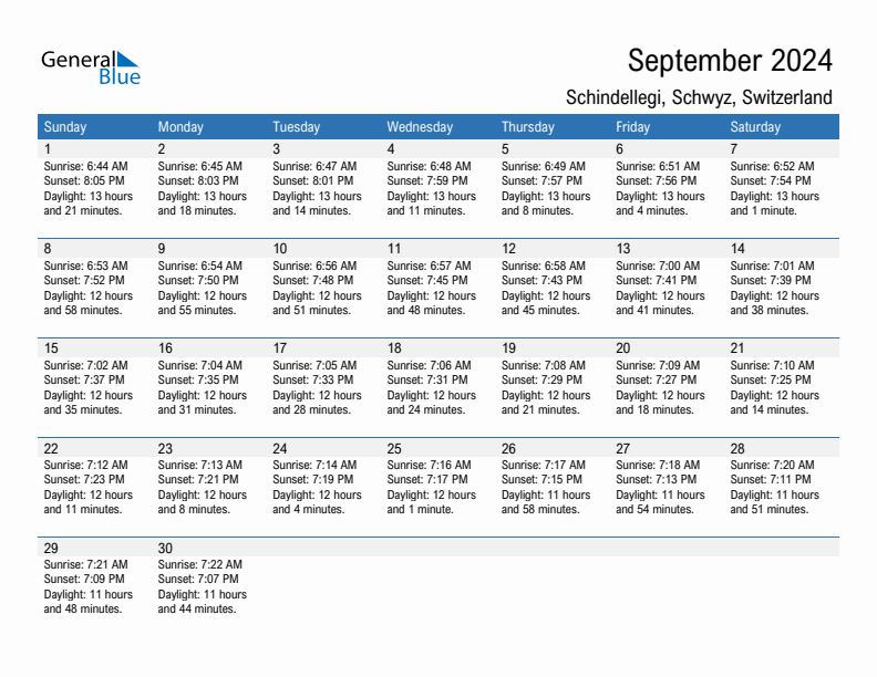 Schindellegi September 2024 sunrise and sunset calendar in PDF, Excel, and Word