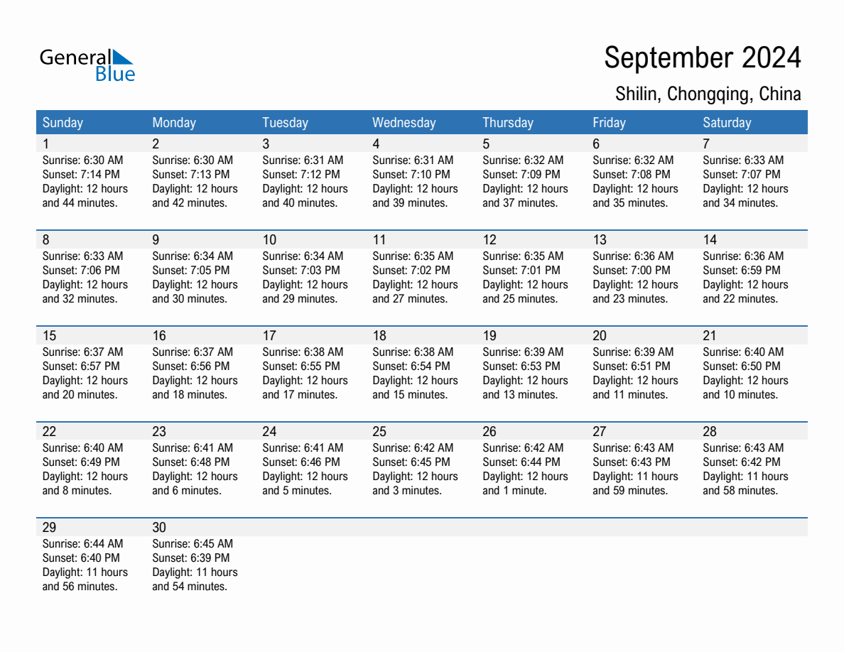 September 2024 Sunrise and Sunset Calendar for Shilin (PDF, Excel, Word)