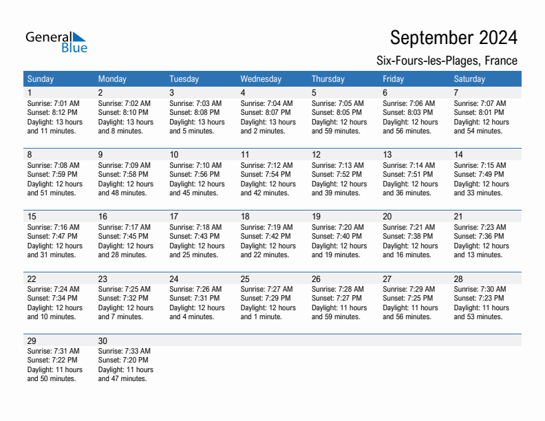 Six-Fours-les-Plages September 2024 sunrise and sunset calendar in PDF, Excel, and Word