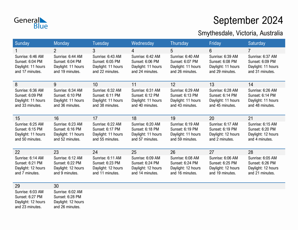 September 2024 sunrise and sunset calendar for Smythesdale