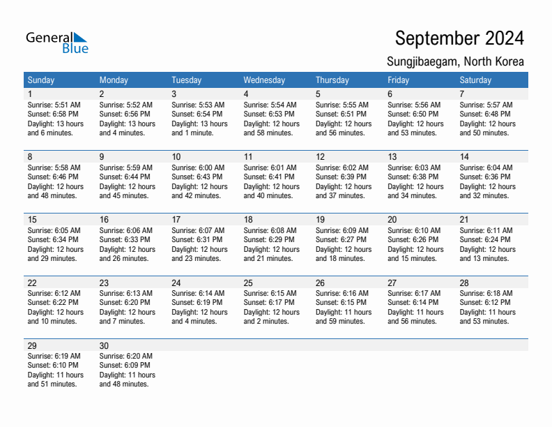 Sungjibaegam September 2024 sunrise and sunset calendar in PDF, Excel, and Word