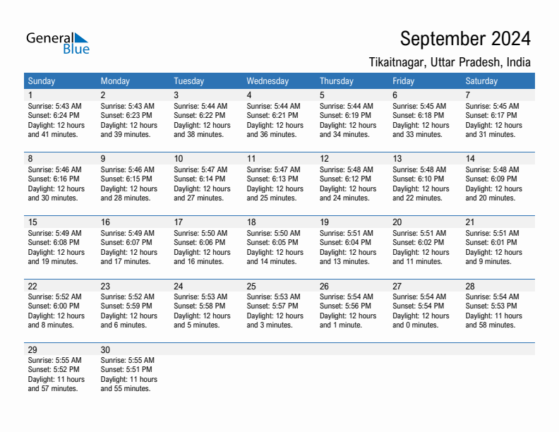 Tikaitnagar September 2024 sunrise and sunset calendar in PDF, Excel, and Word