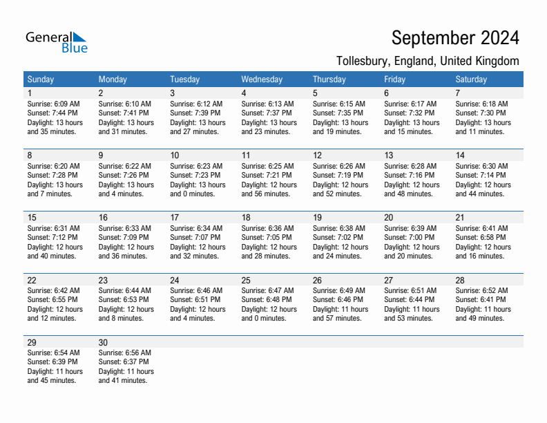 Tollesbury September 2024 sunrise and sunset calendar in PDF, Excel, and Word