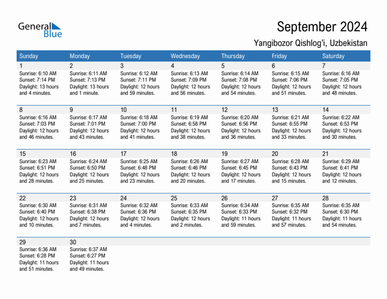 Yangibozor Qishlog'i September 2024 sunrise and sunset calendar in PDF, Excel, and Word