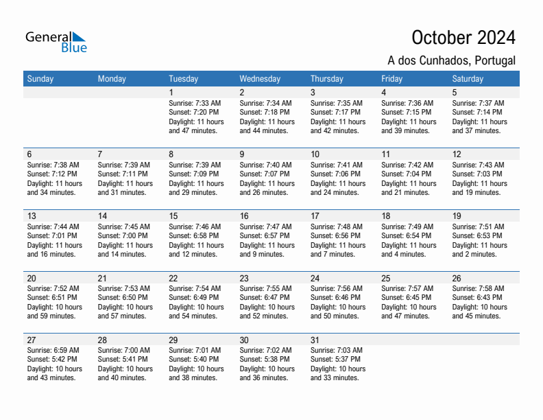 A dos Cunhados October 2024 sunrise and sunset calendar in PDF, Excel, and Word