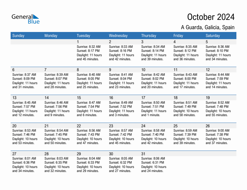 A Guarda October 2024 sunrise and sunset calendar in PDF, Excel, and Word