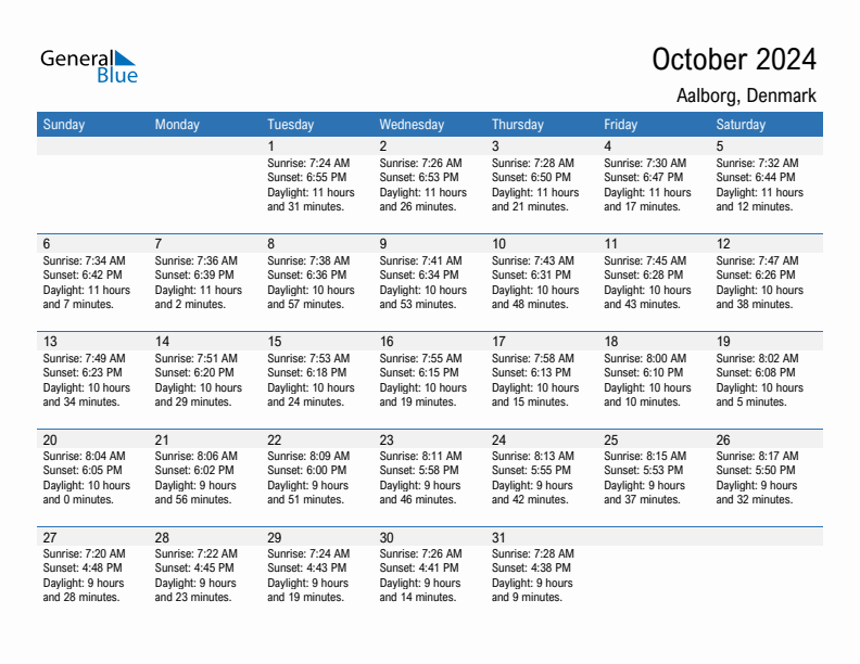 Aalborg October 2024 sunrise and sunset calendar in PDF, Excel, and Word