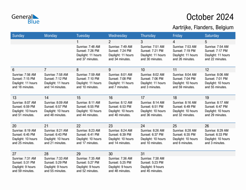 Aartrijke October 2024 sunrise and sunset calendar in PDF, Excel, and Word