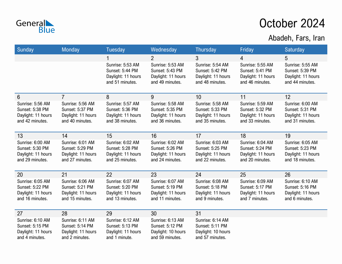 October 2024 sunrise and sunset calendar for Abadeh