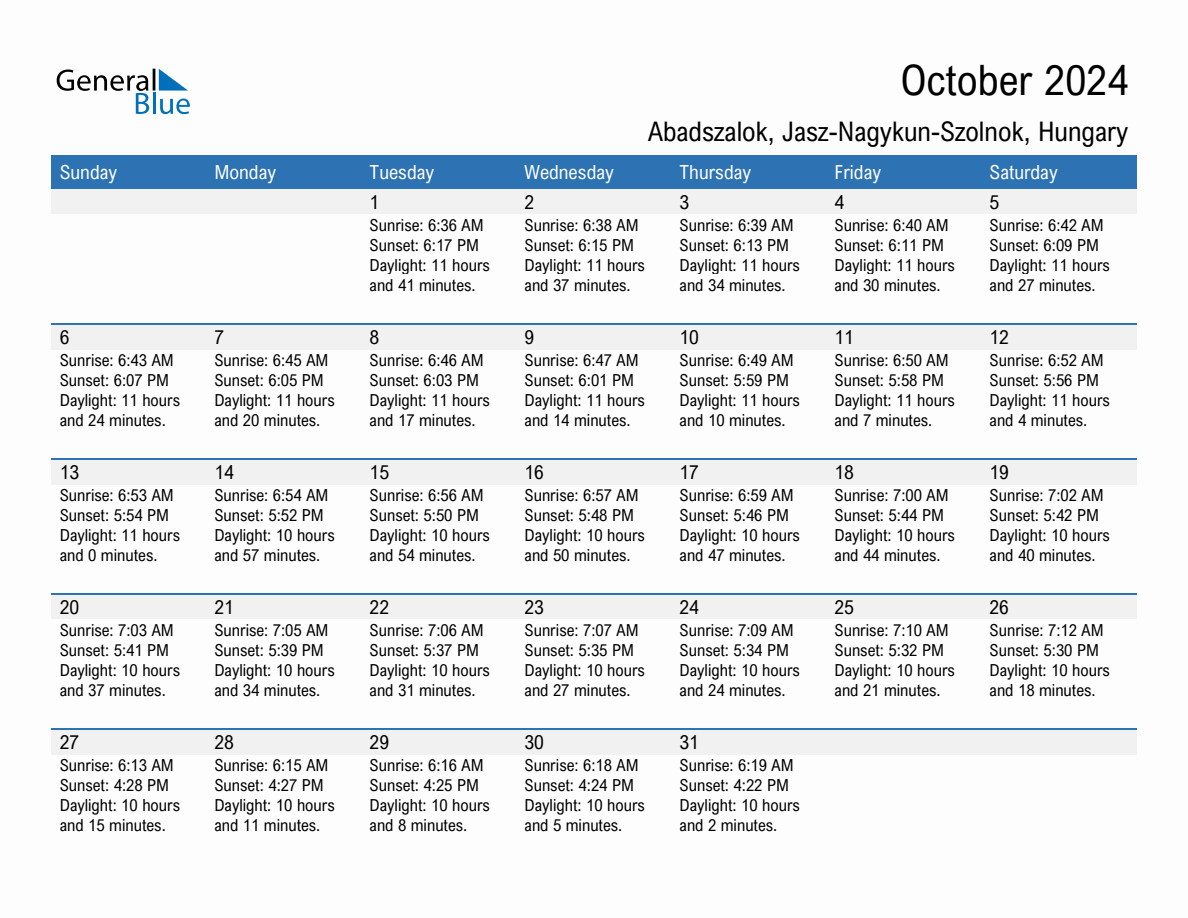 October 2024 sunrise and sunset calendar for Abadszalok