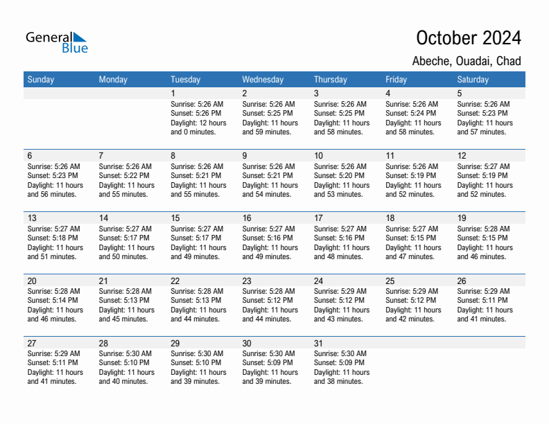 Abeche October 2024 sunrise and sunset calendar in PDF, Excel, and Word